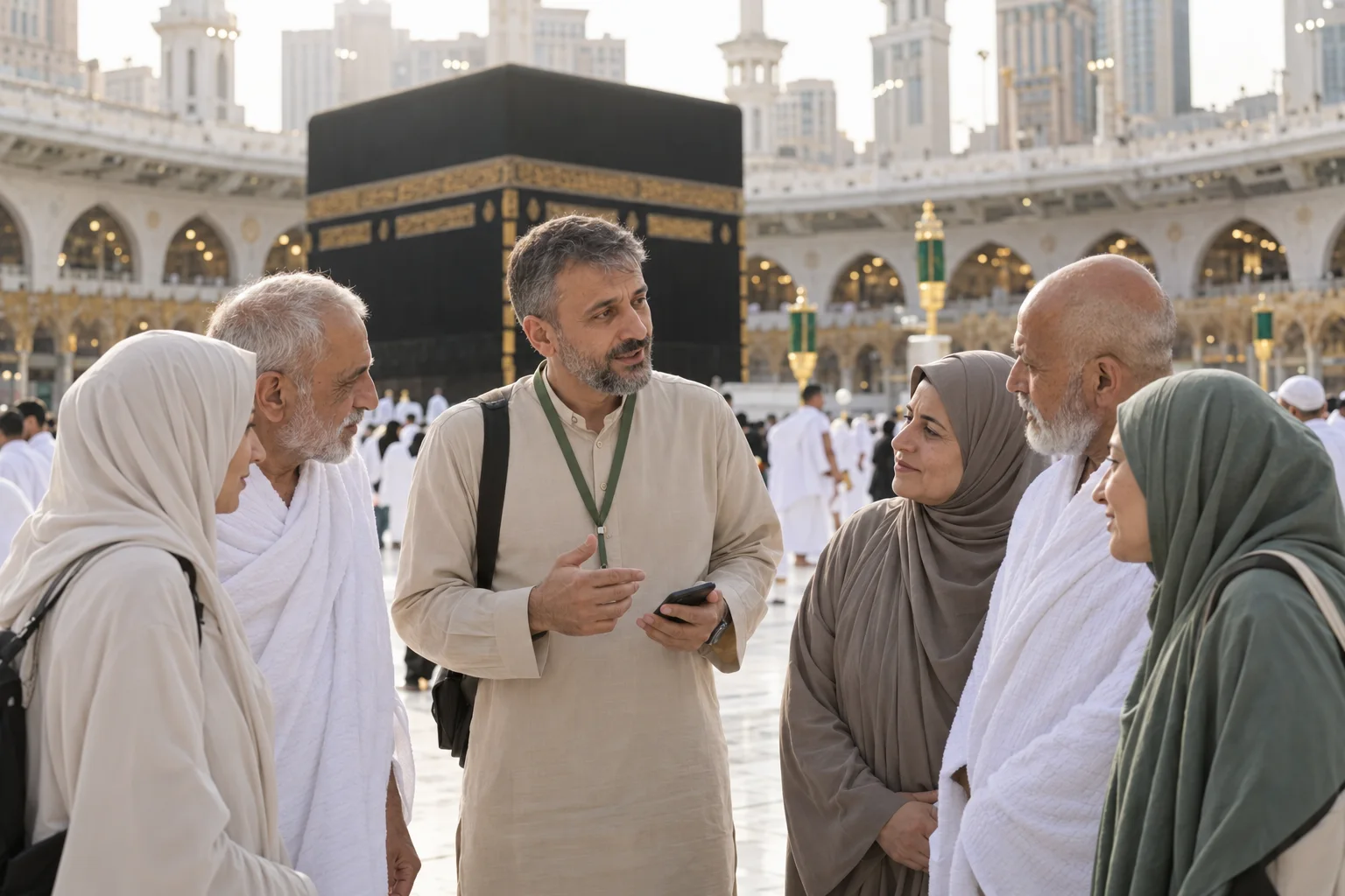 Illustrative scene of a guide with pilgrims near the Kaaba in Mecca